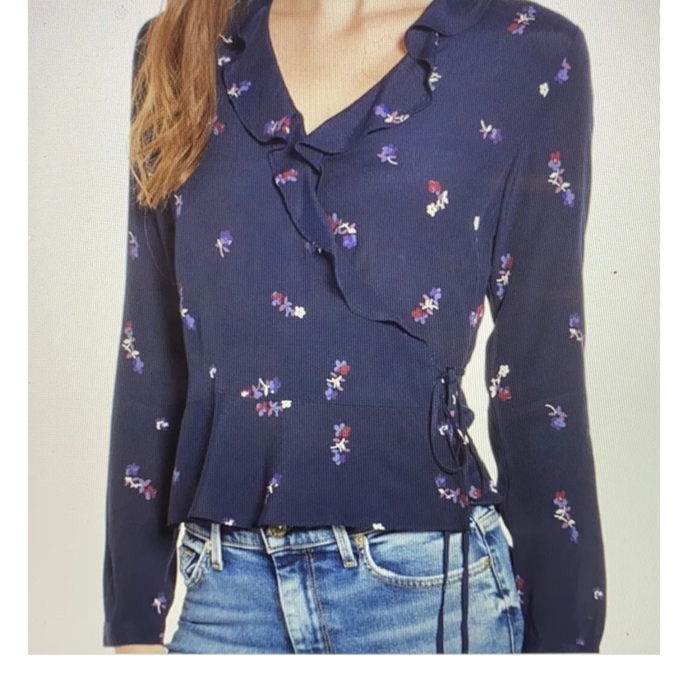 Rails Simone wrap blouse in navy Kyoto floral print white blue purple ruffle - Picture 2 of 14